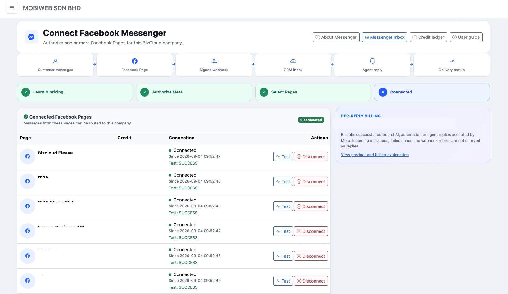 iCRM connection screen for authorised Facebook Pages