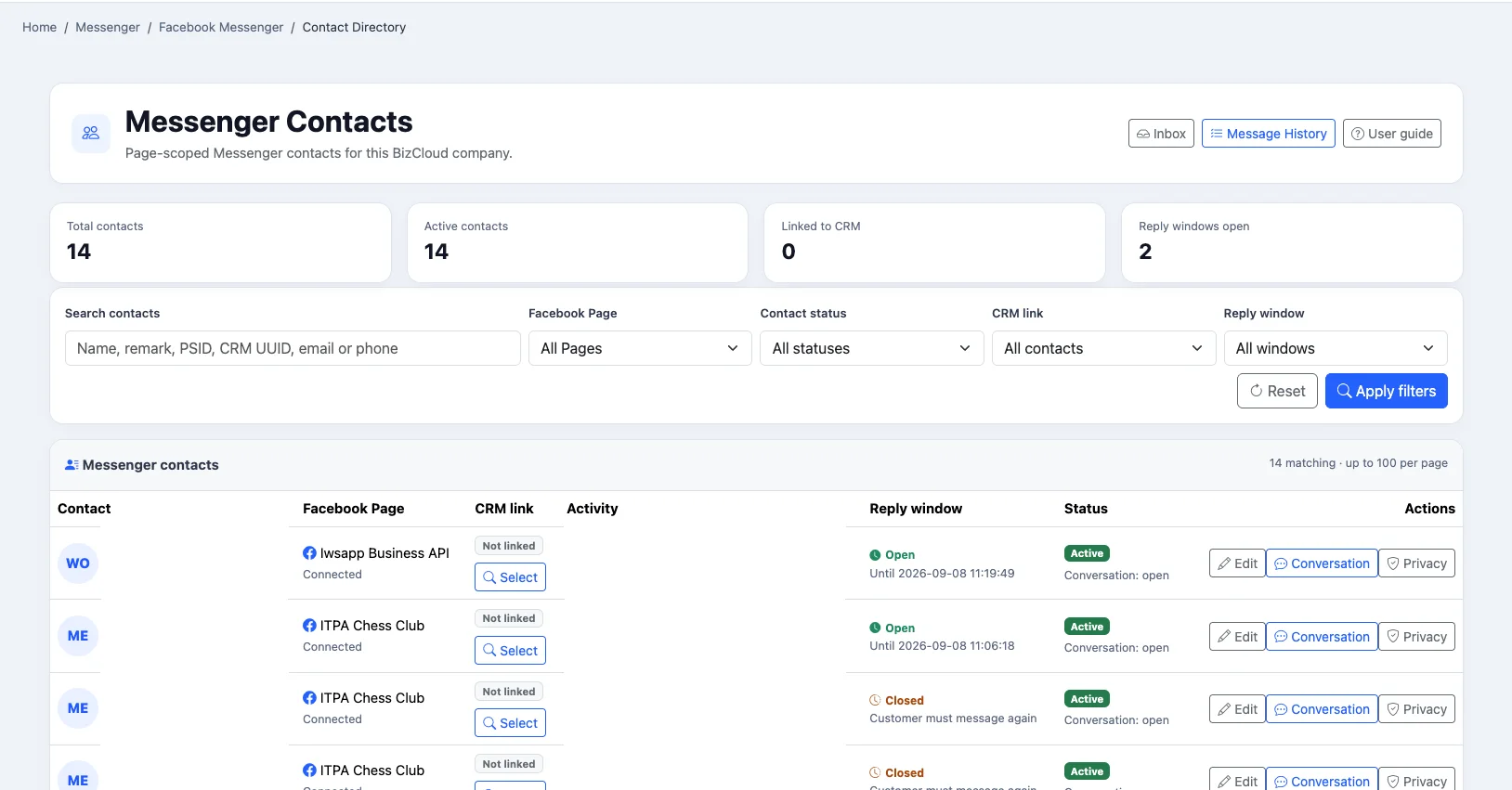 Messenger contacts linked with iCRM customer records