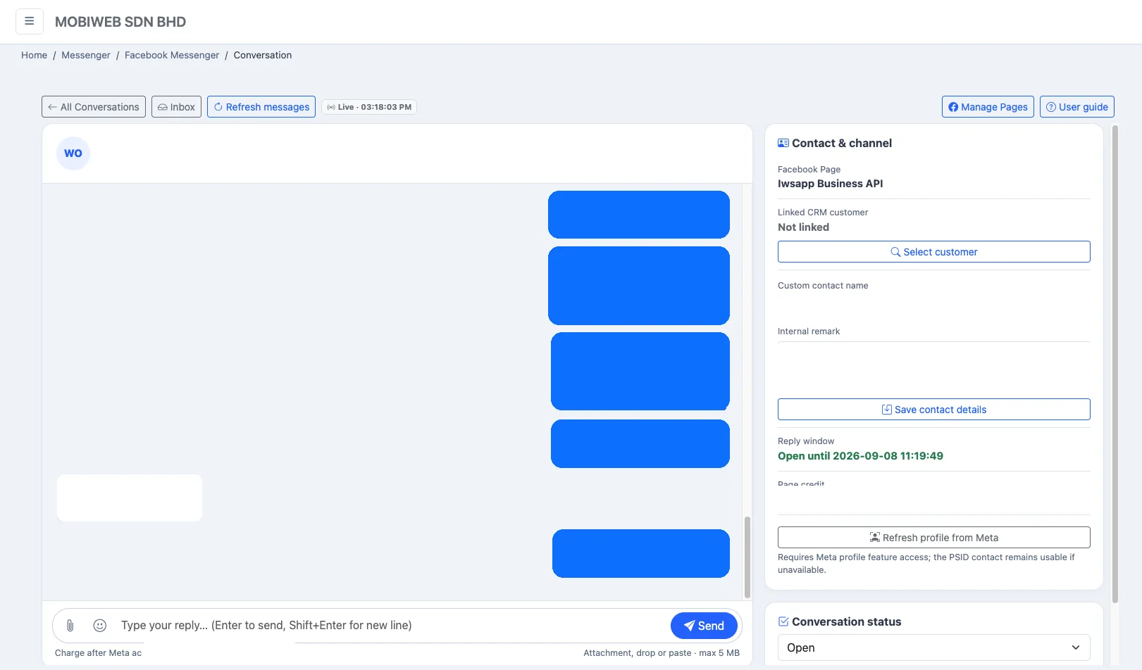 Shared Facebook Messenger conversation workspace in iCRM