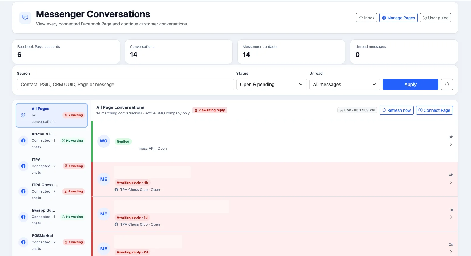 iCRM Facebook Messenger conversation list showing enquiries awaiting reply