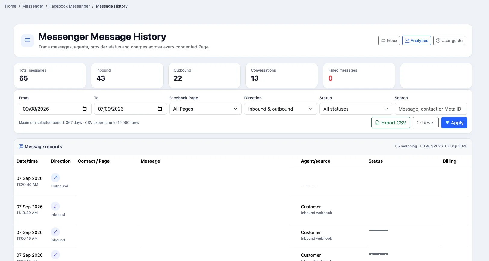 Searchable Facebook Messenger message history in iCRM