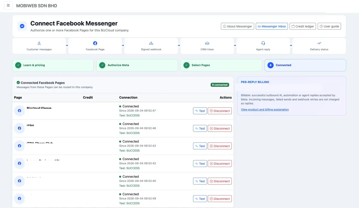iCRM connection screen for authorised Facebook Pages