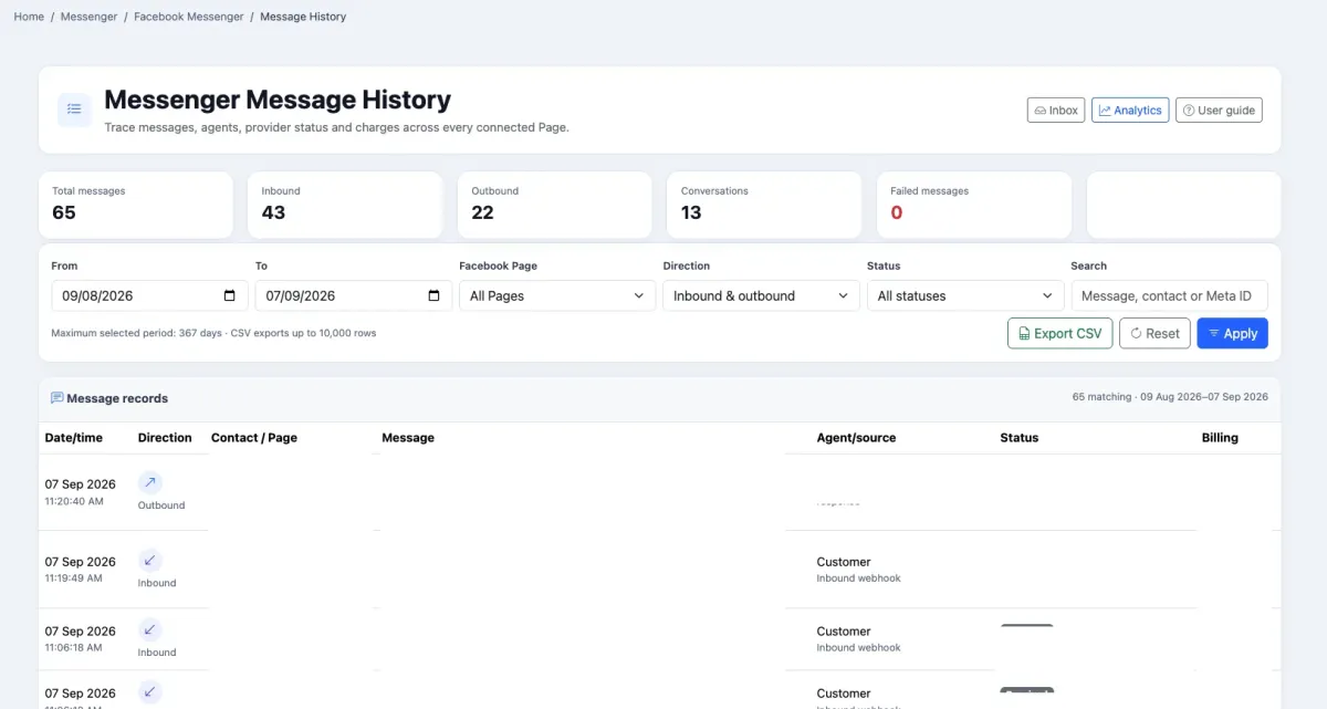 Searchable Facebook Messenger message history in iCRM