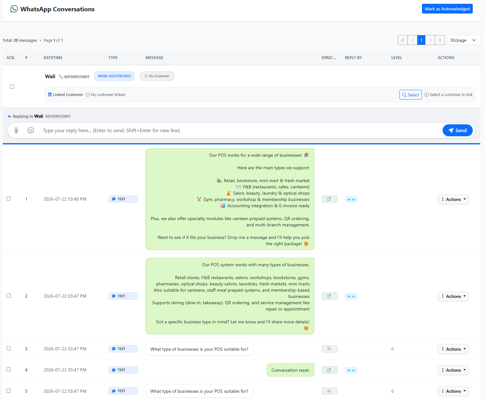 iCRM WhatsApp conversation history and agent reply workspace