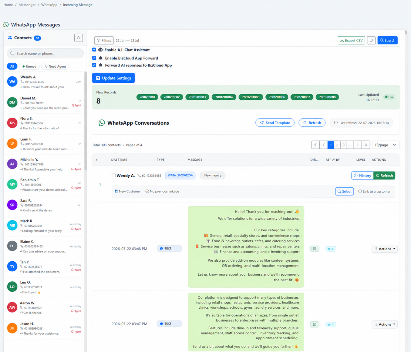 AI Chat Assistant interface in iCRM