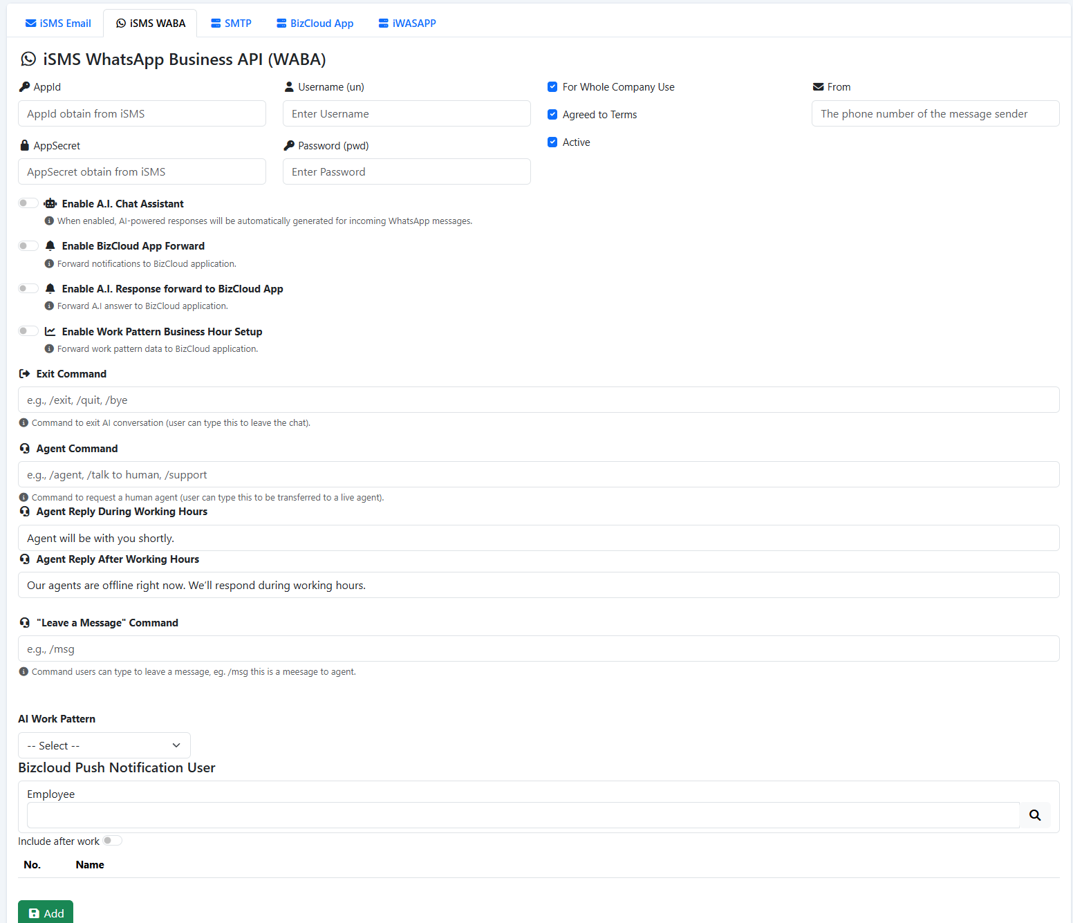 iCRM iSMS WhatsApp Business API and AI Chat Assistant configuration