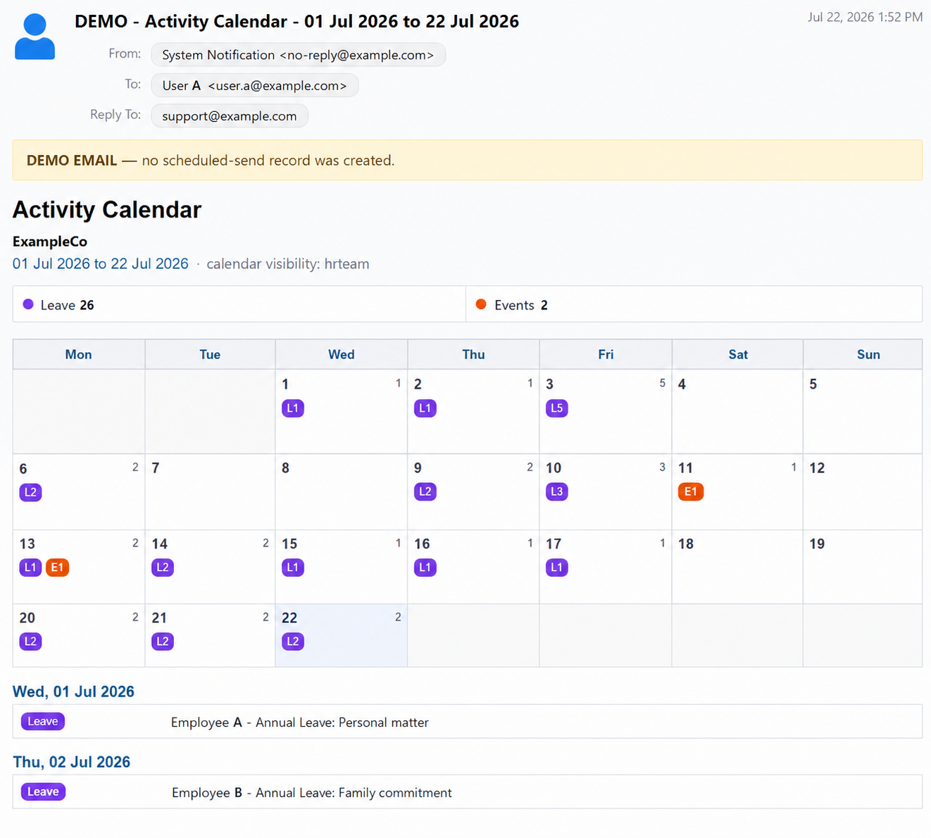 Scheduling an iCRM calendar send-out