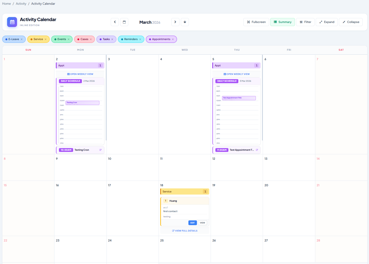 Appointments interface in iCRM