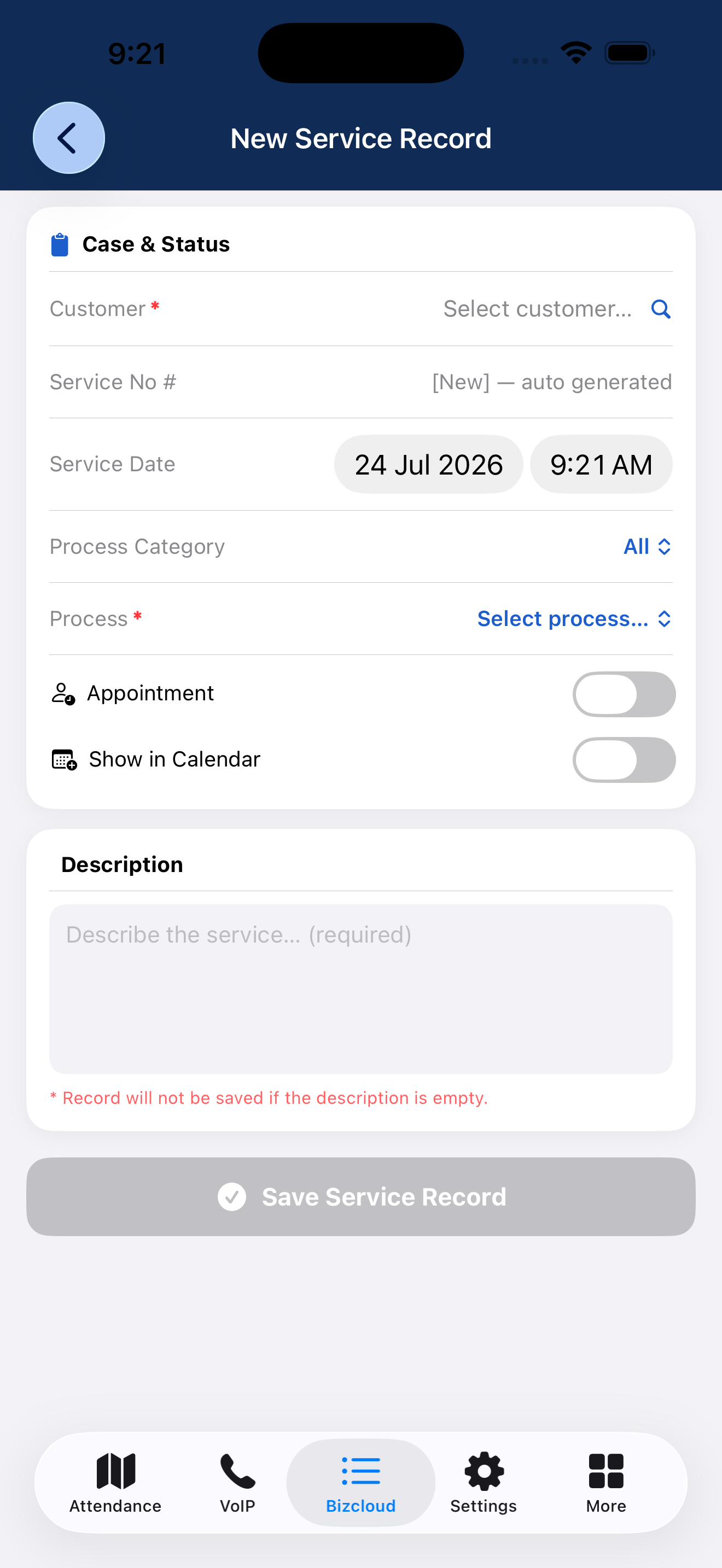 BizCloud mobile app inserting an iCRM service record