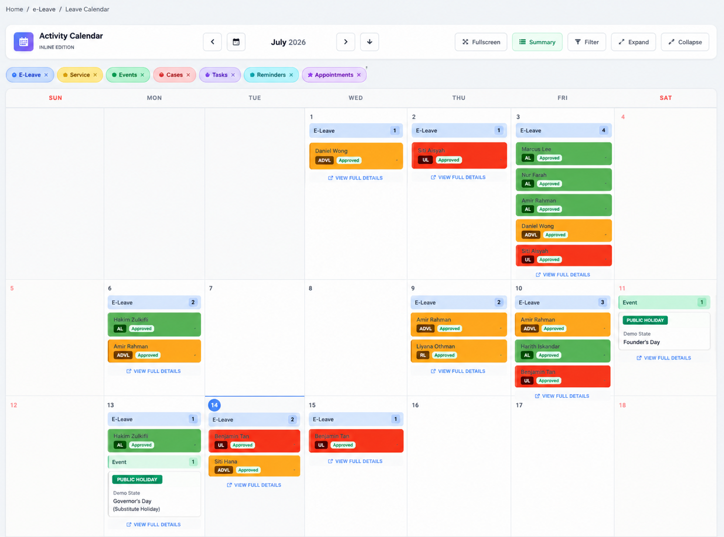 iCRM corporate event, holiday and employee leave calendar