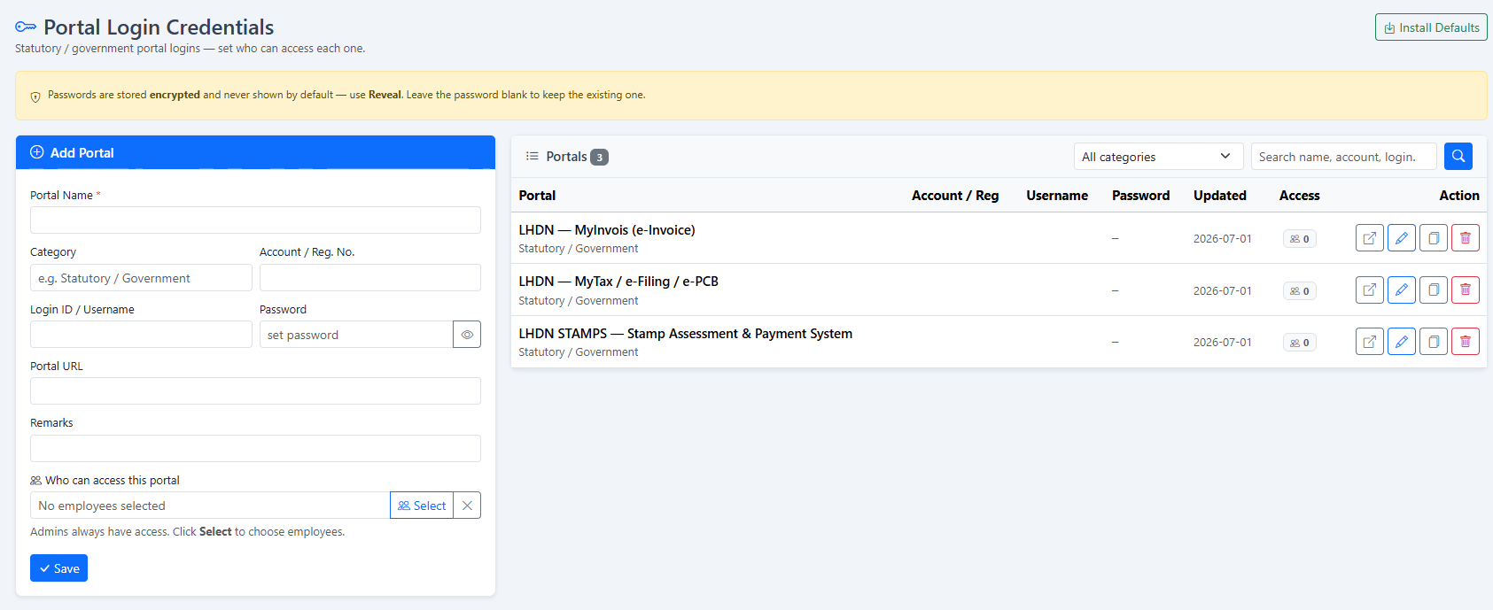iCRM encrypted corporate portal credentials and access authority