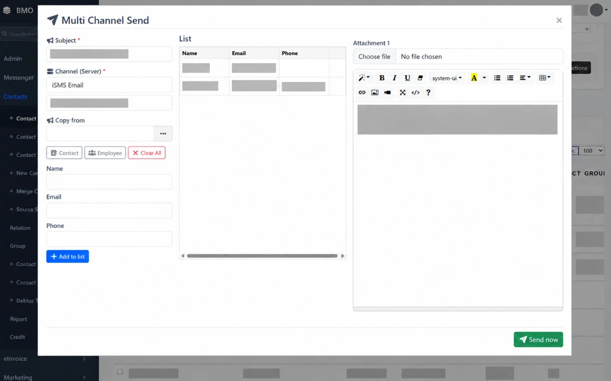 iCRM Multi Channel Send email composer with recipient details redacted