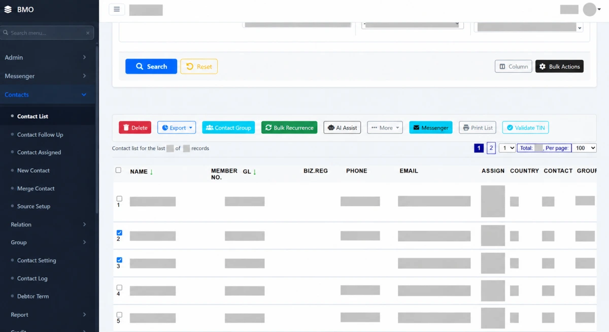iCRM contact list with selected contacts and Messenger button; personal details redacted