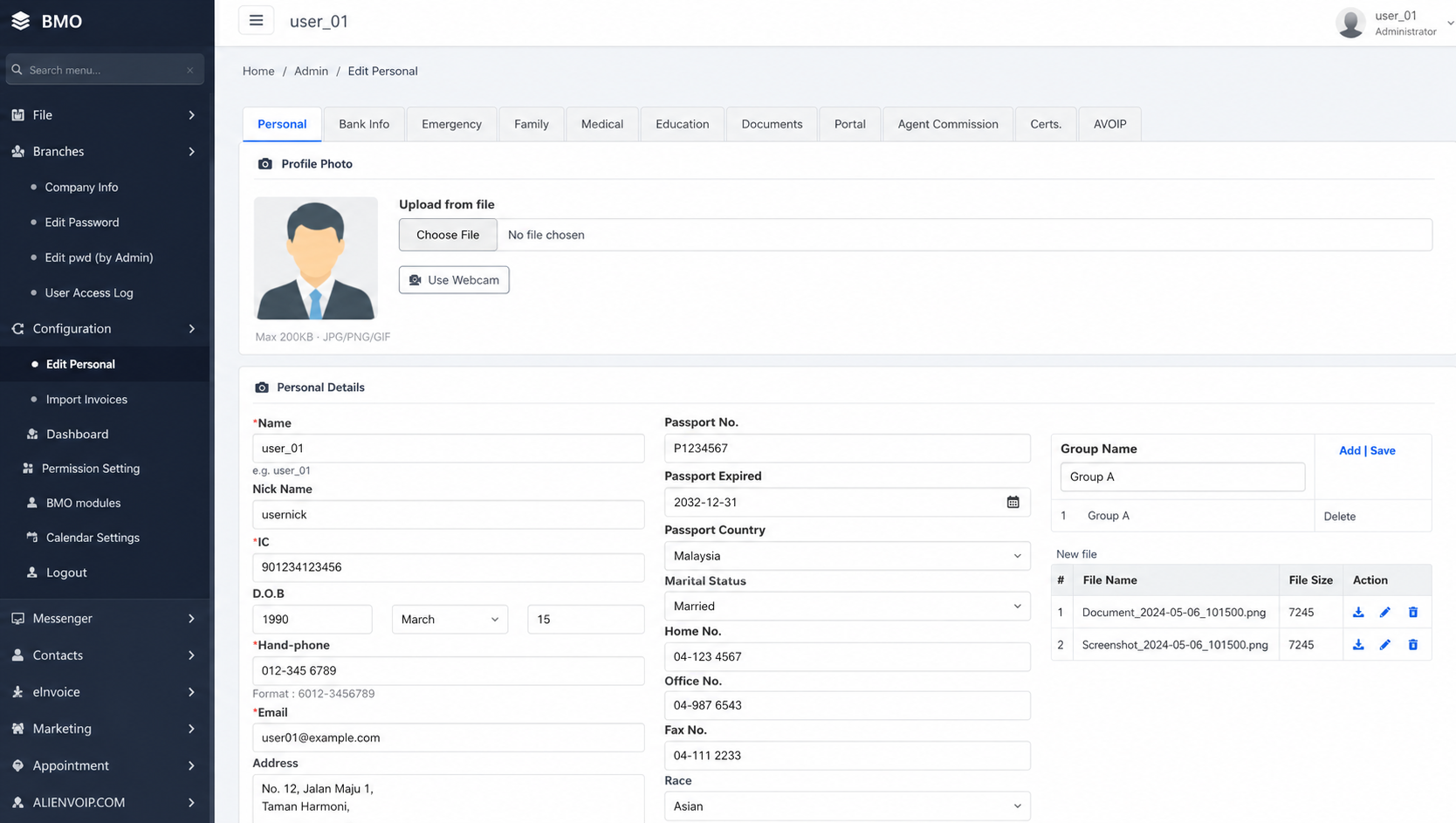 iCRM employee self-edit personal information