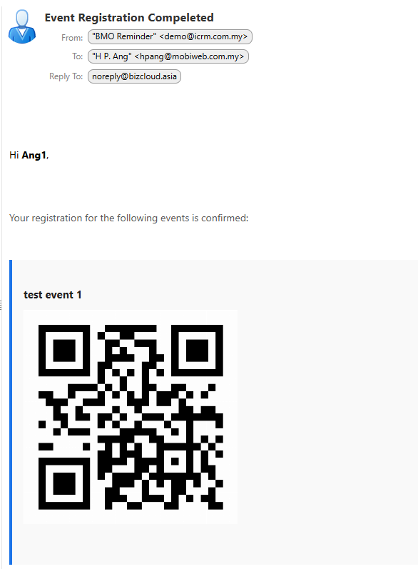 Event participant email containing a personal QR code