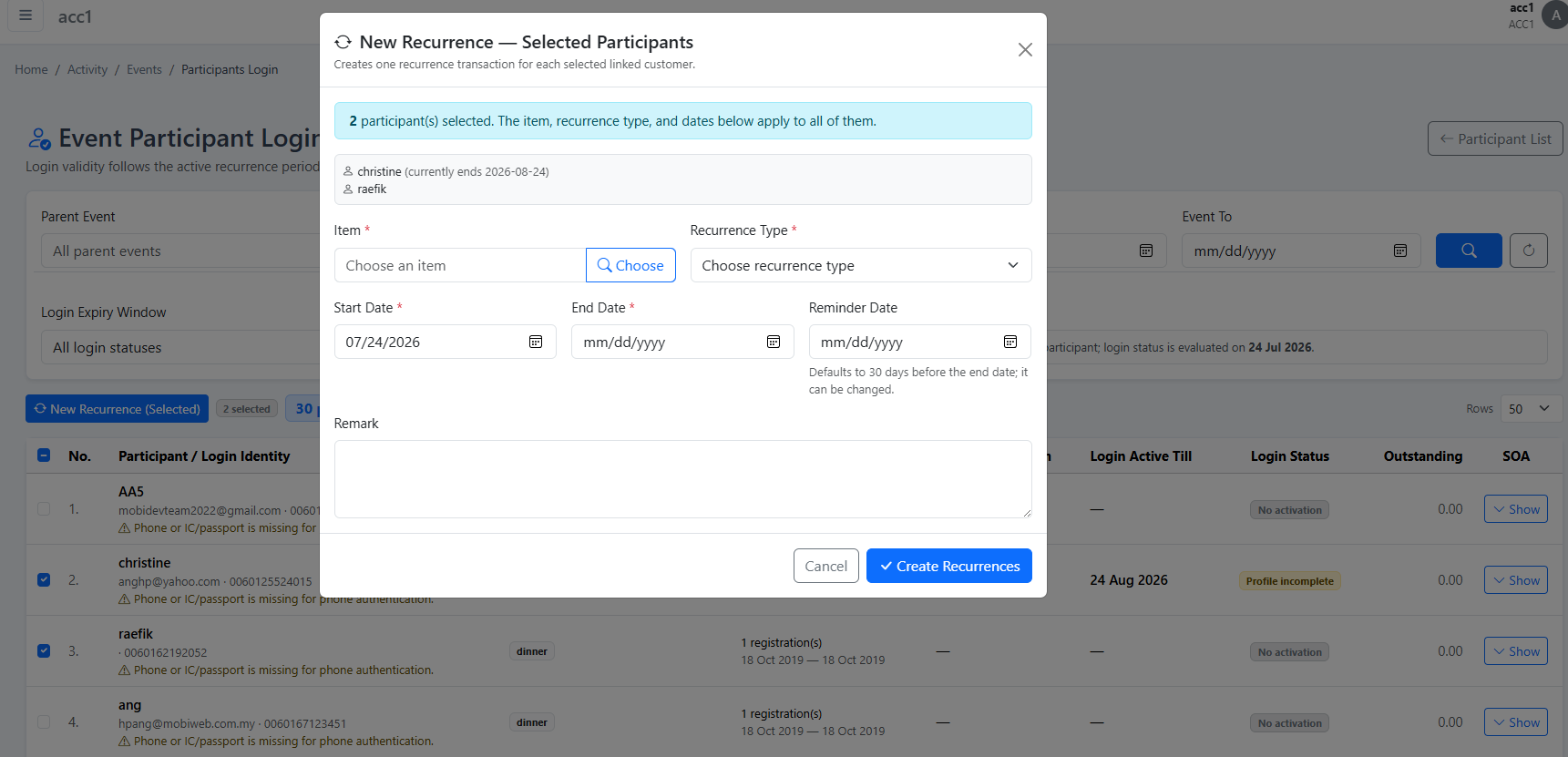 Extending selected event participant login validity