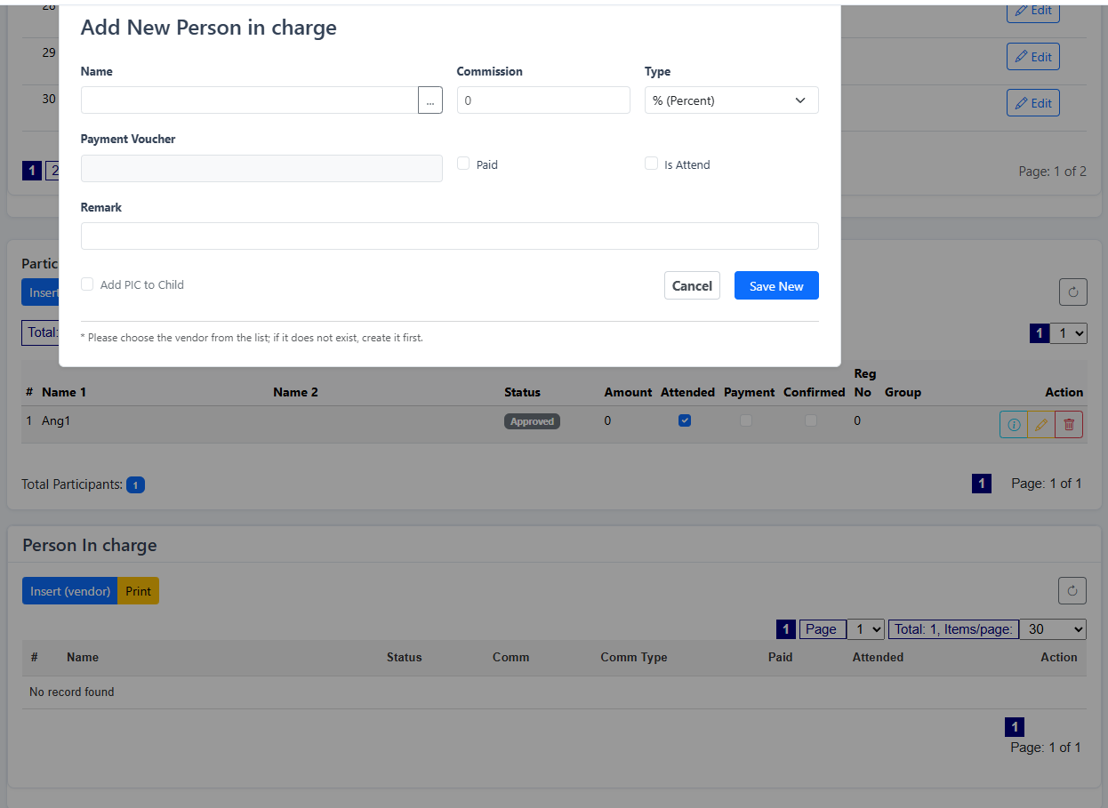 Selecting a vendor as person in charge for an iCRM event