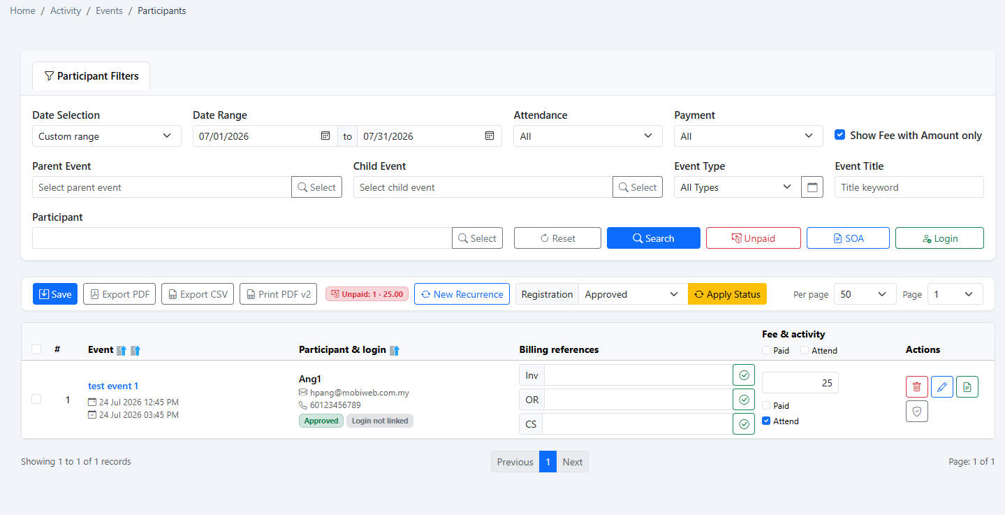 Linking a receipt and invoice to an event participant