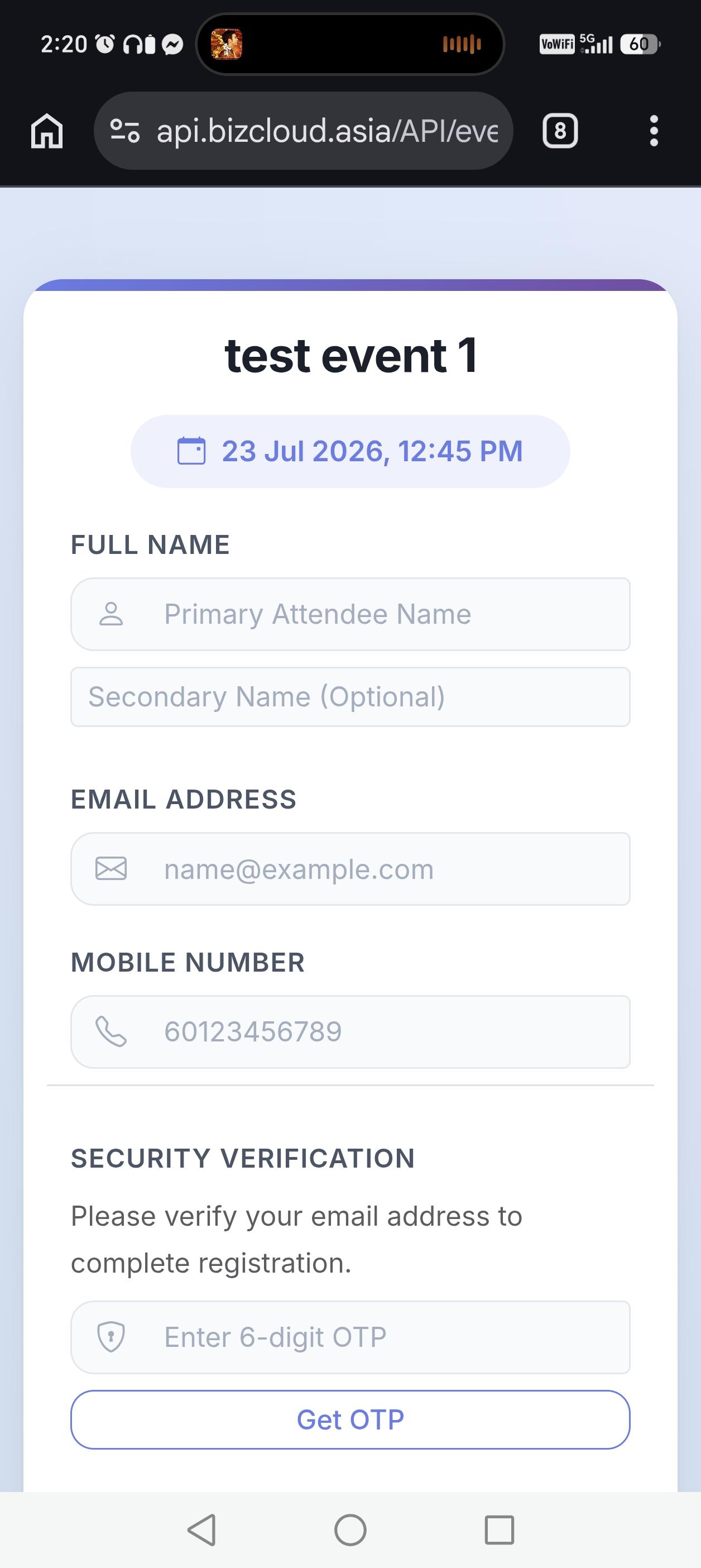 Mobile event registration form after scanning an iCRM event QR