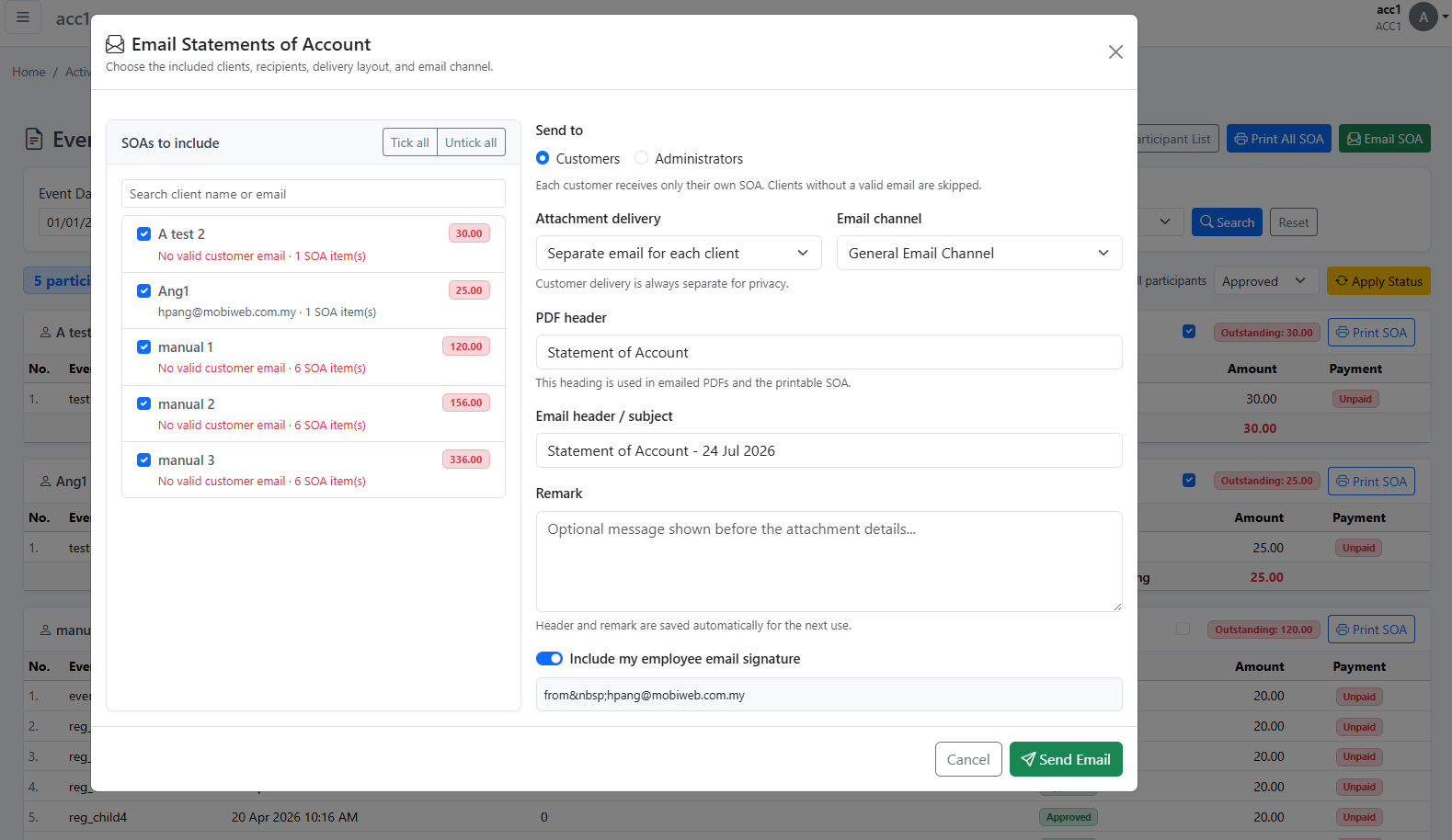 Sending an event participant statement of account