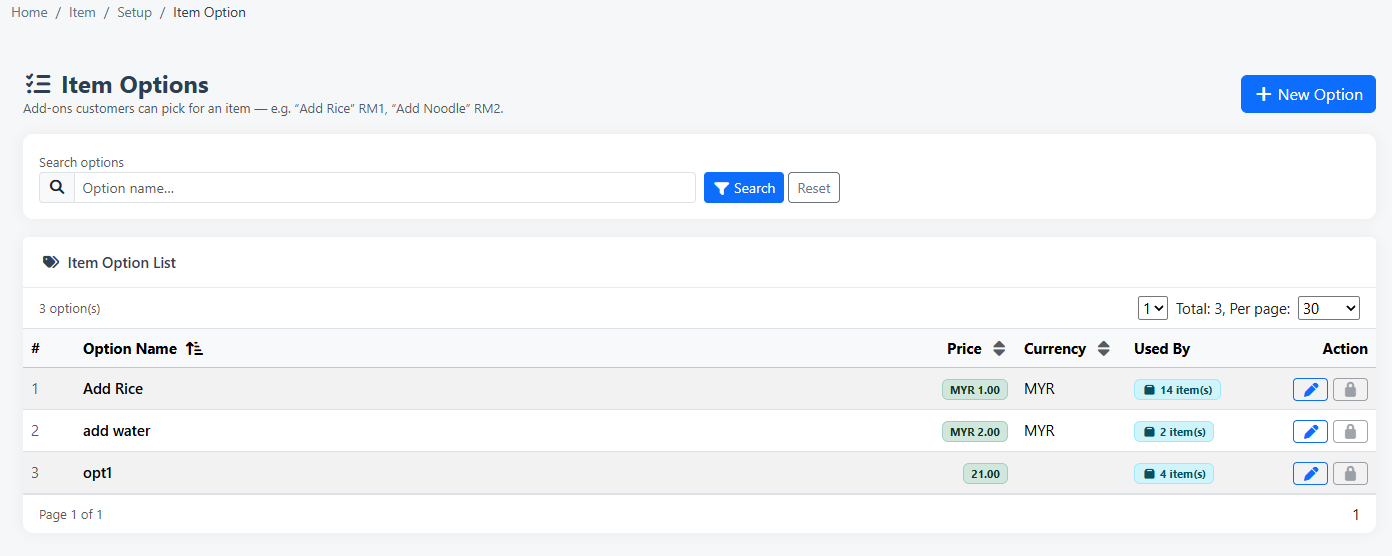 iCRM item options and add-on pricing