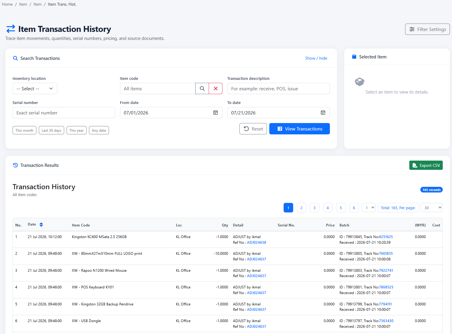 iCRM item transaction history