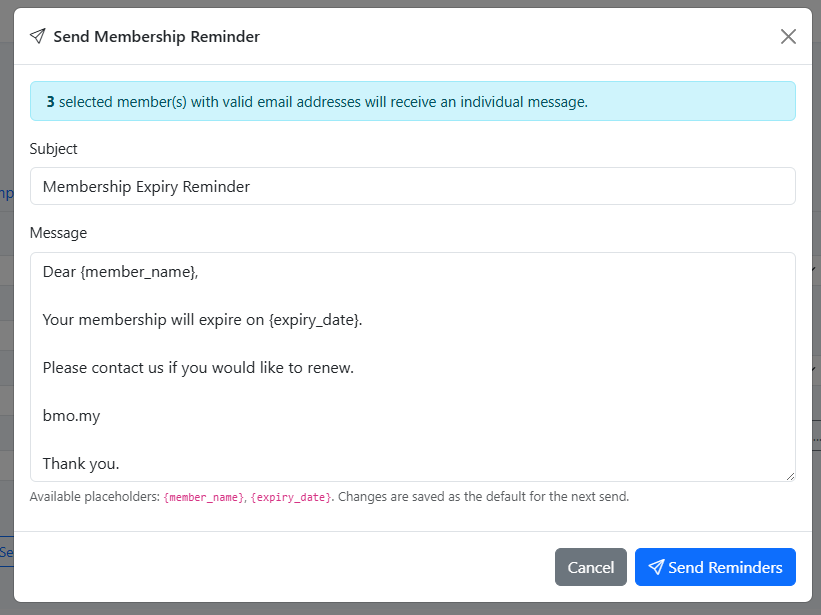 Sending an expiry reminder to a recurrence member