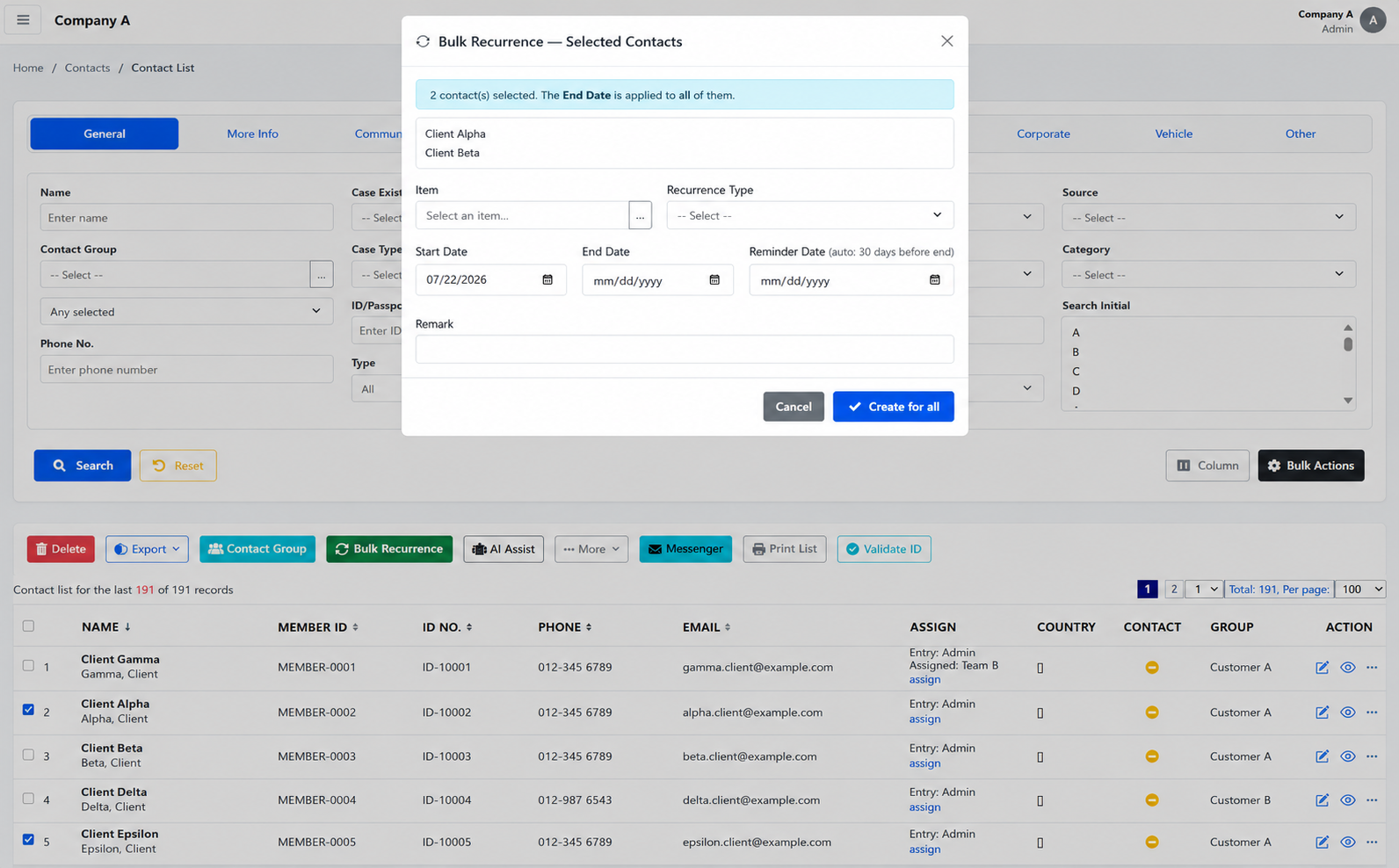 Creating membership recurrence from an iCRM contact