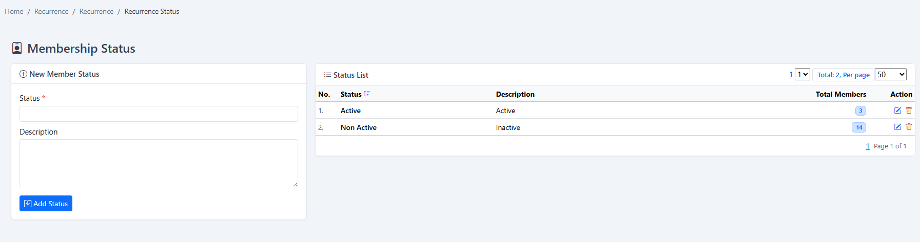 iCRM member status setup