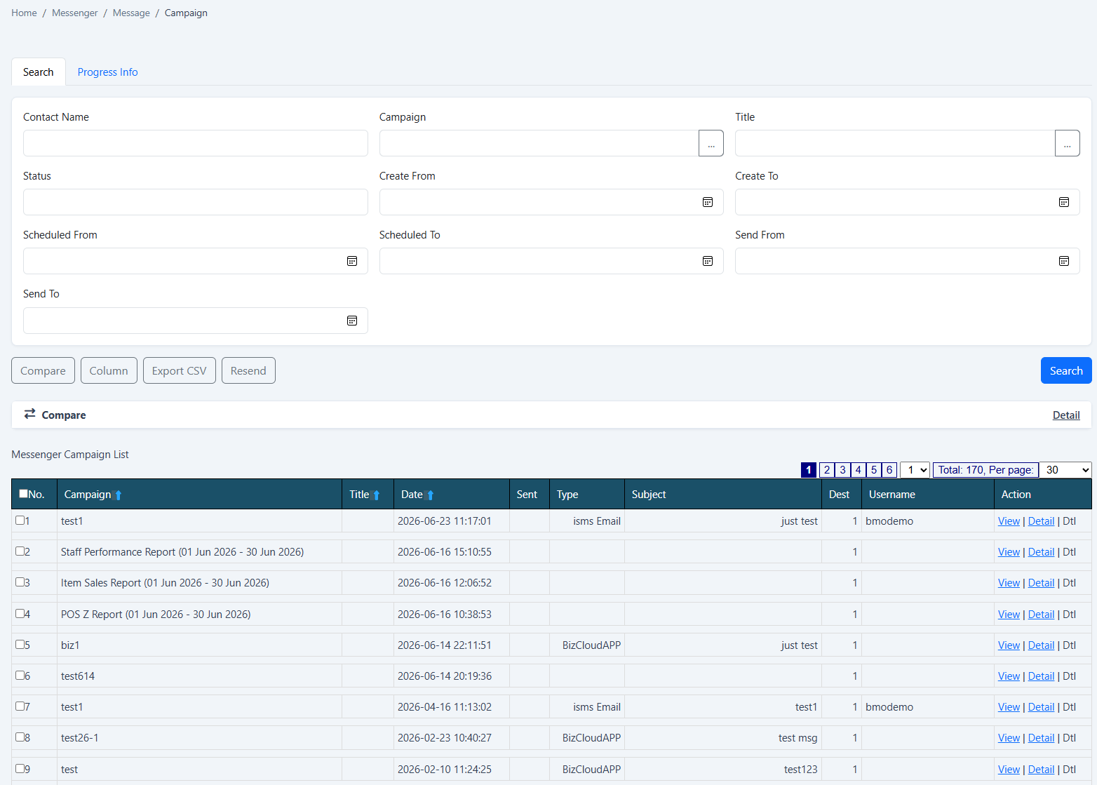 iCRM Messenger campaign report with search filters, compare, CSV export and resend controls