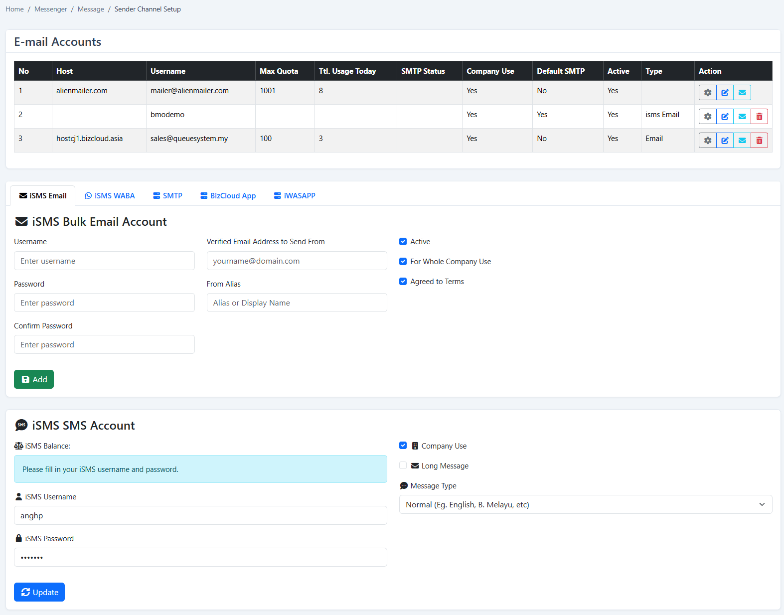 iCRM sender channel setup showing email, WhatsApp Business API, SMTP, BizCloud App and SMS account options
