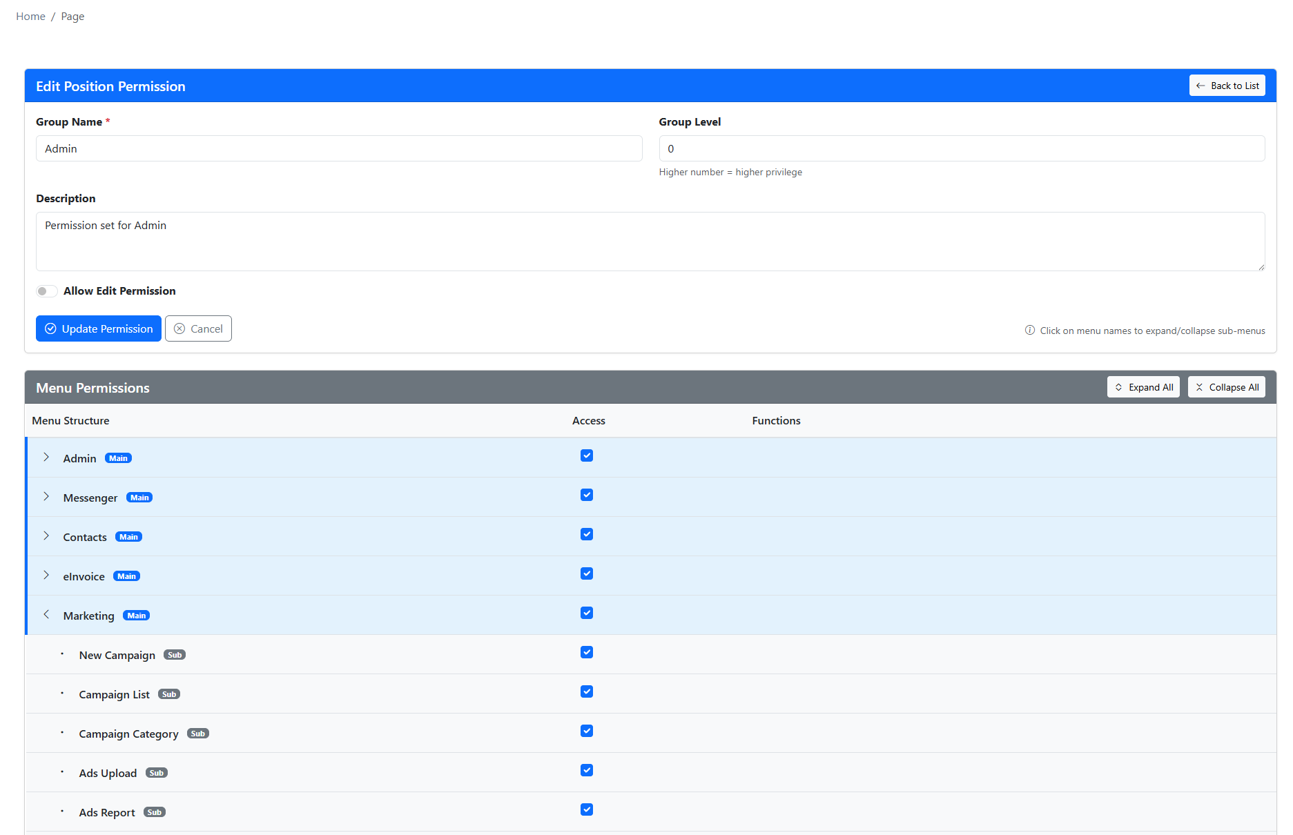 Group Permissions interface in iCRM