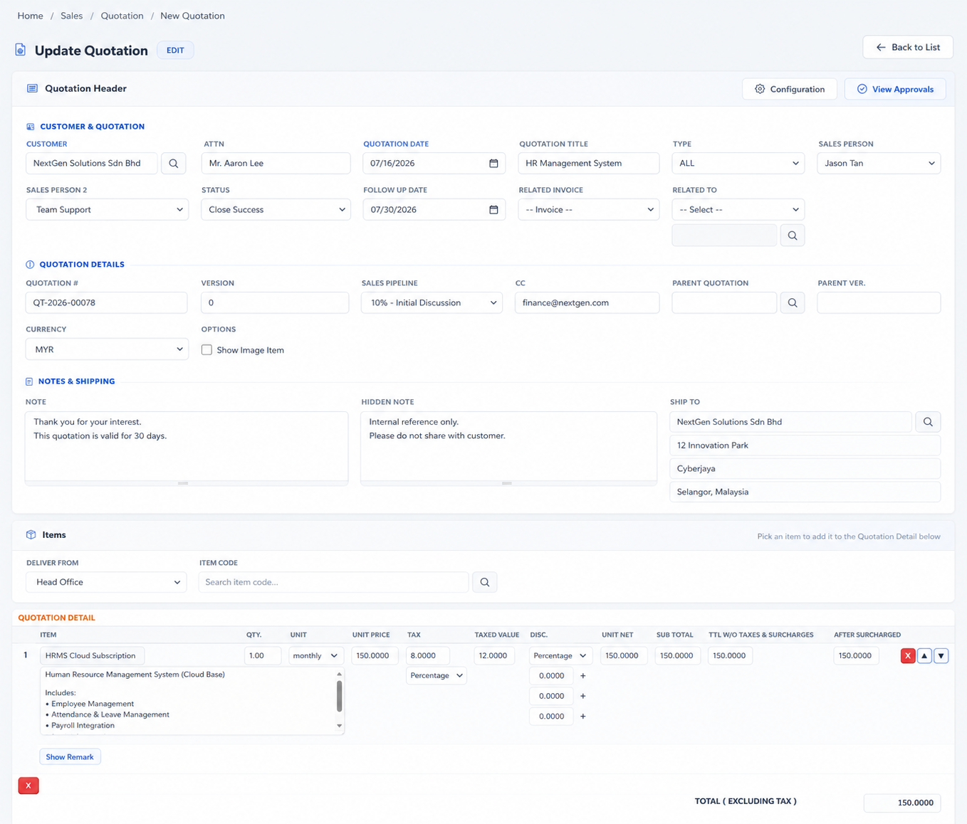 iCRM quotation creation and editing interface