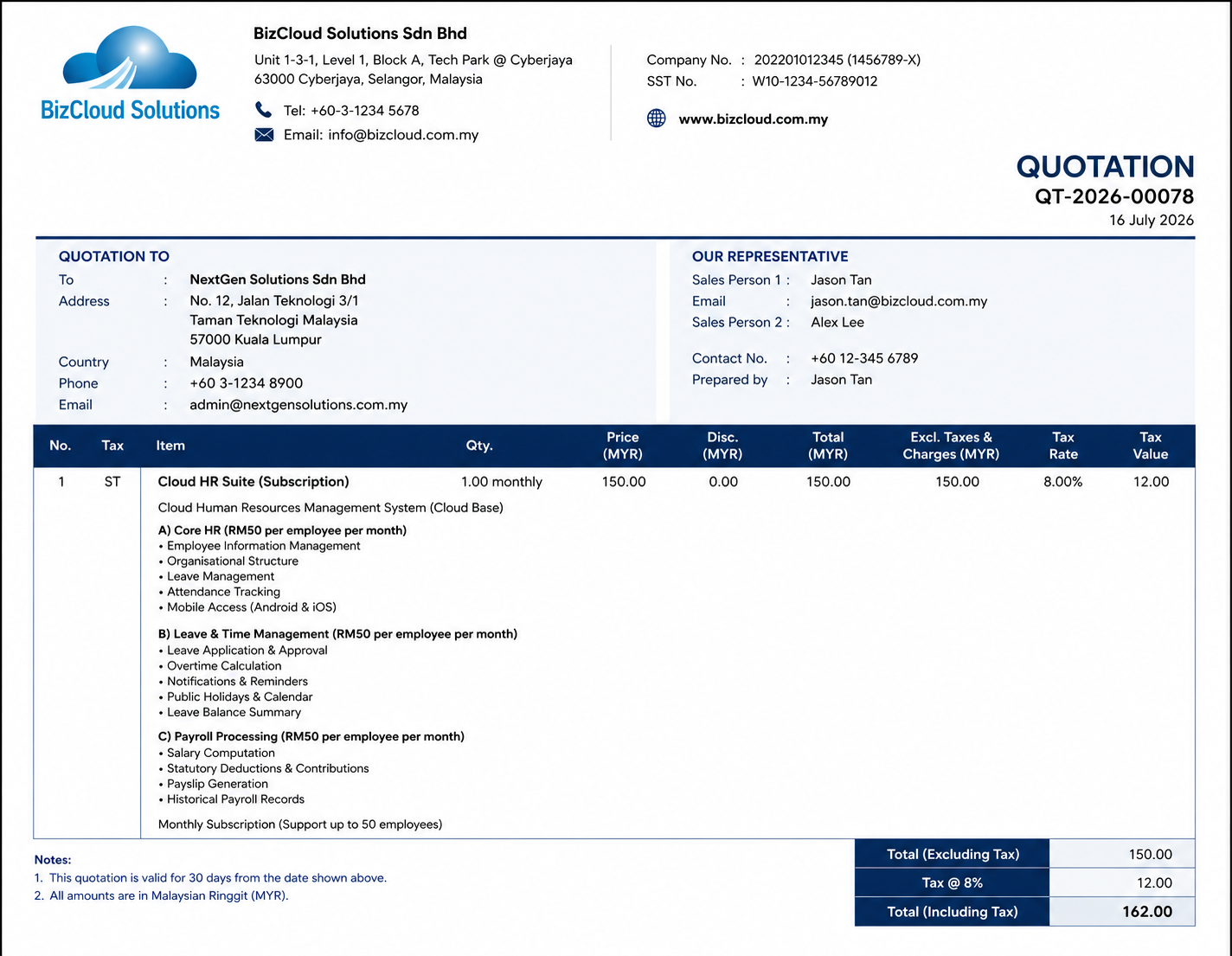 iCRM quotation email with generated PDF