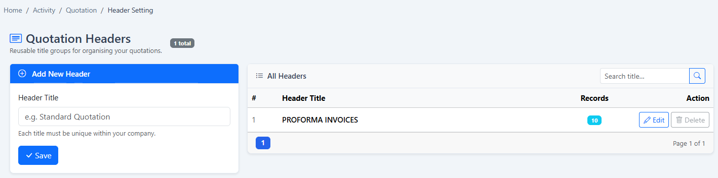 iCRM quotation header management