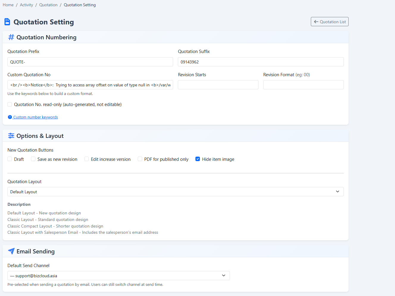 iCRM quotation layout and default information settings