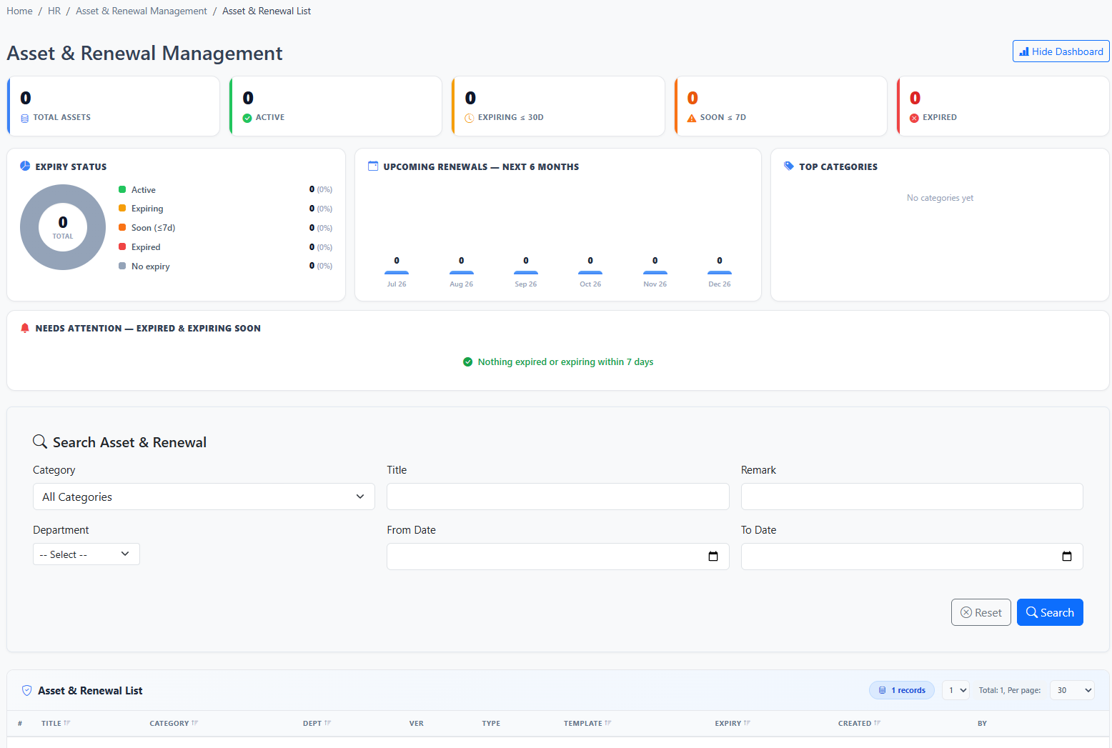 Assets & Renewals interface in iCRM