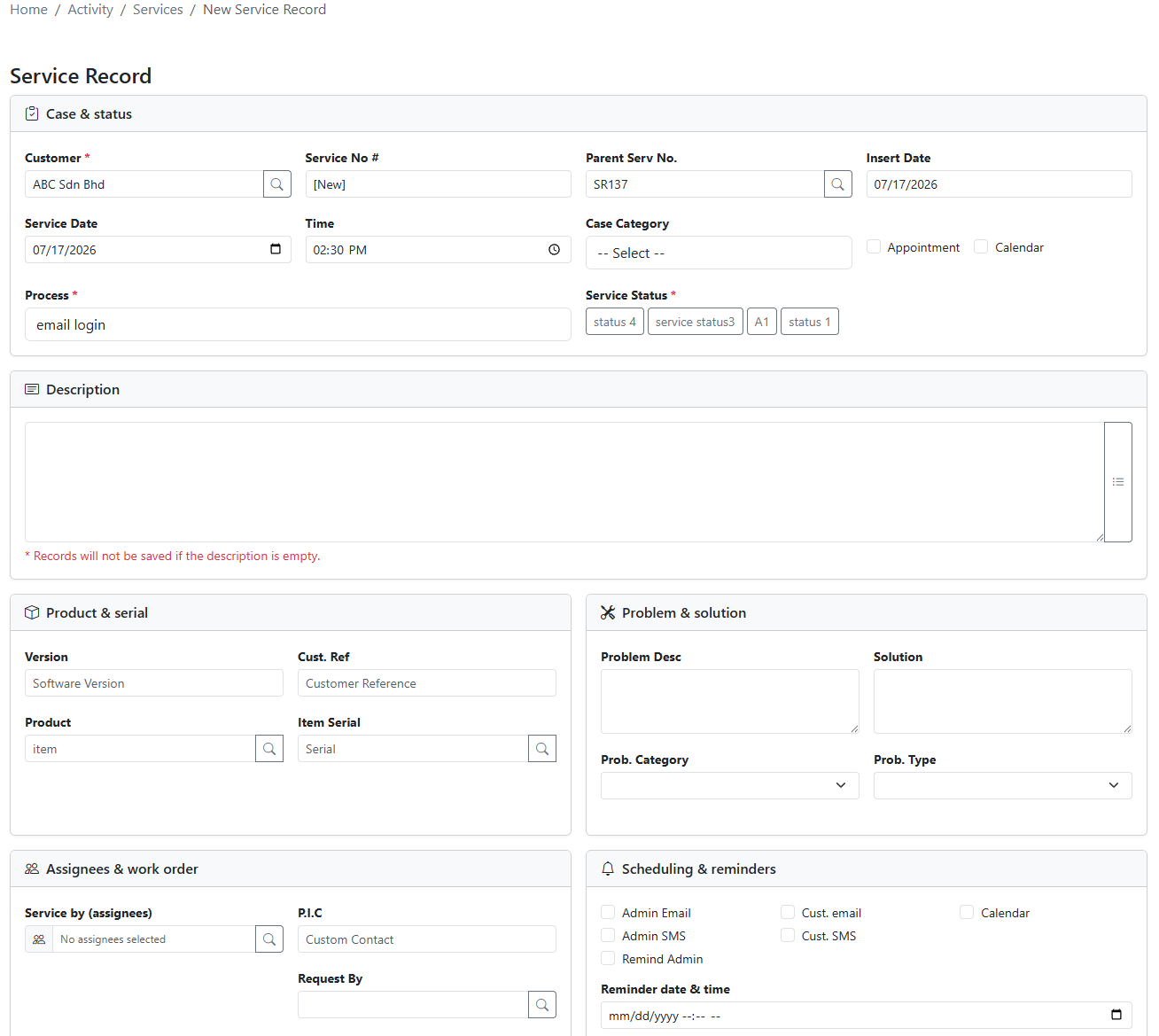 Creating a child service record in iCRM