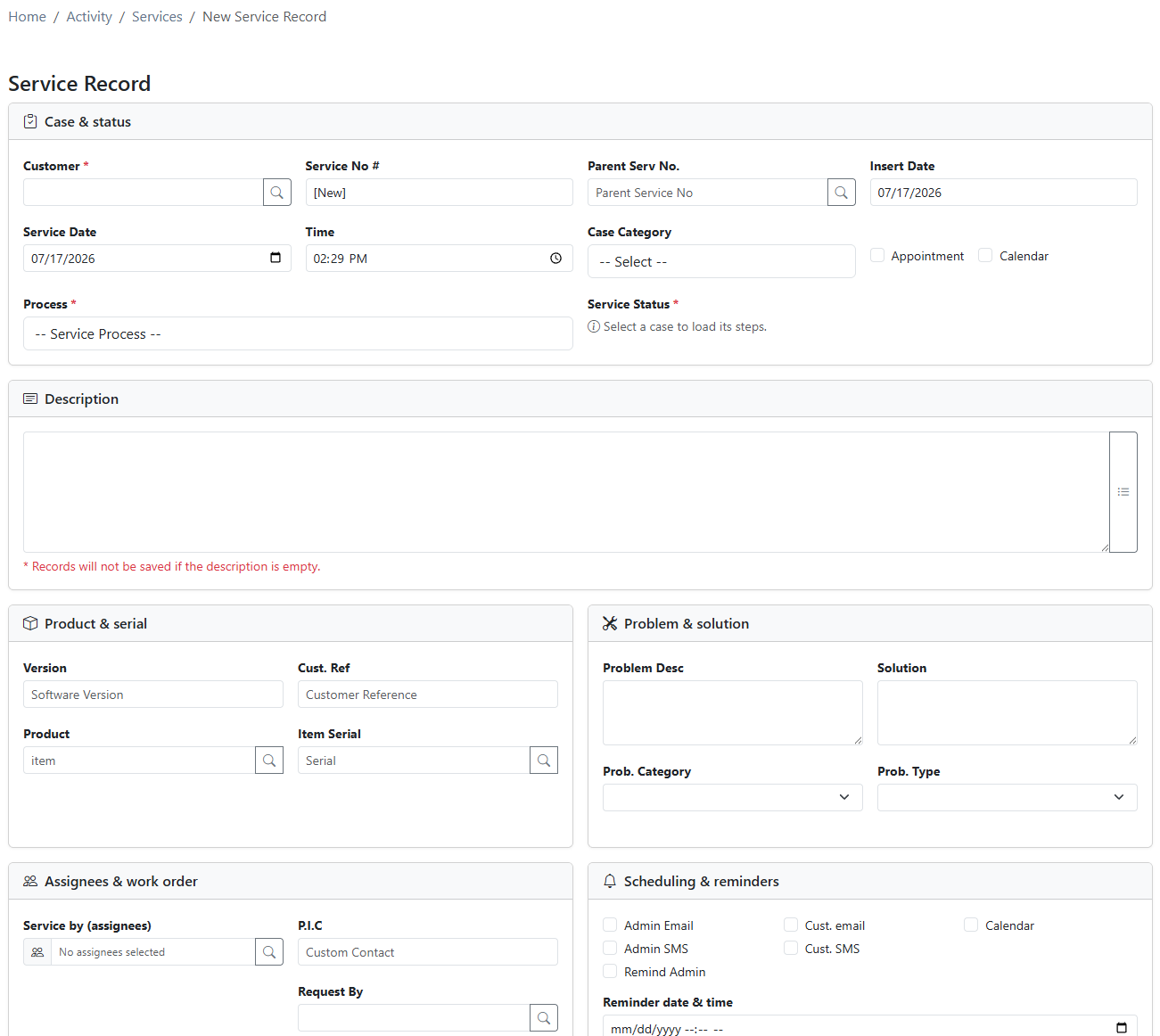 Creating a new service record in iCRM