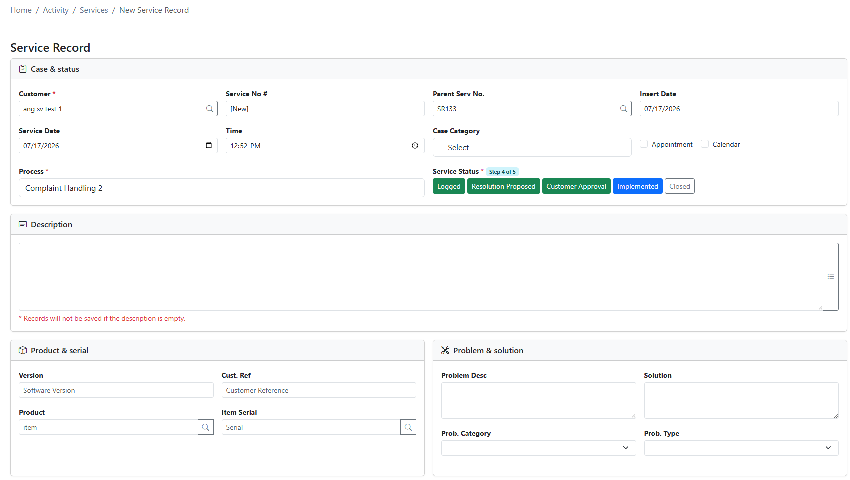 iCRM service record status and process step