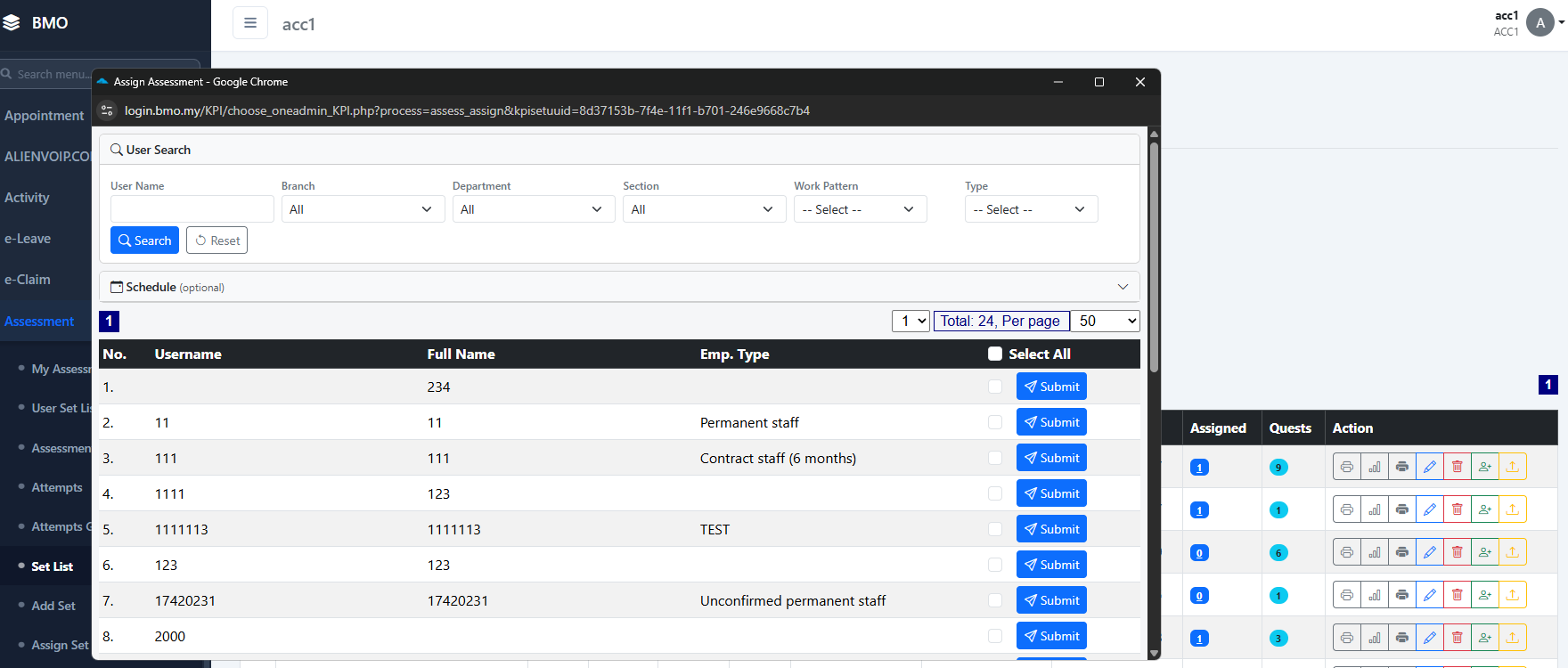Assigning employees to a KPI assessment set