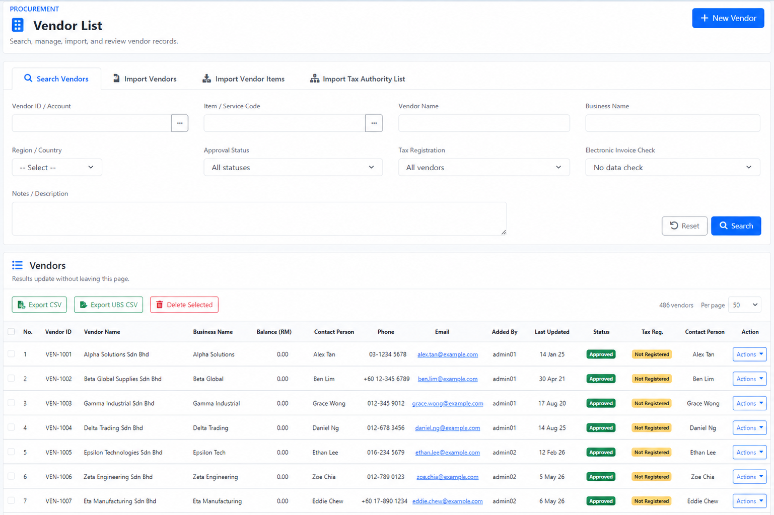 Vendor & Supplier Management interface in iCRM