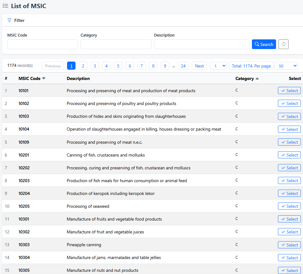 iCRM searchable Malaysian MSIC code list