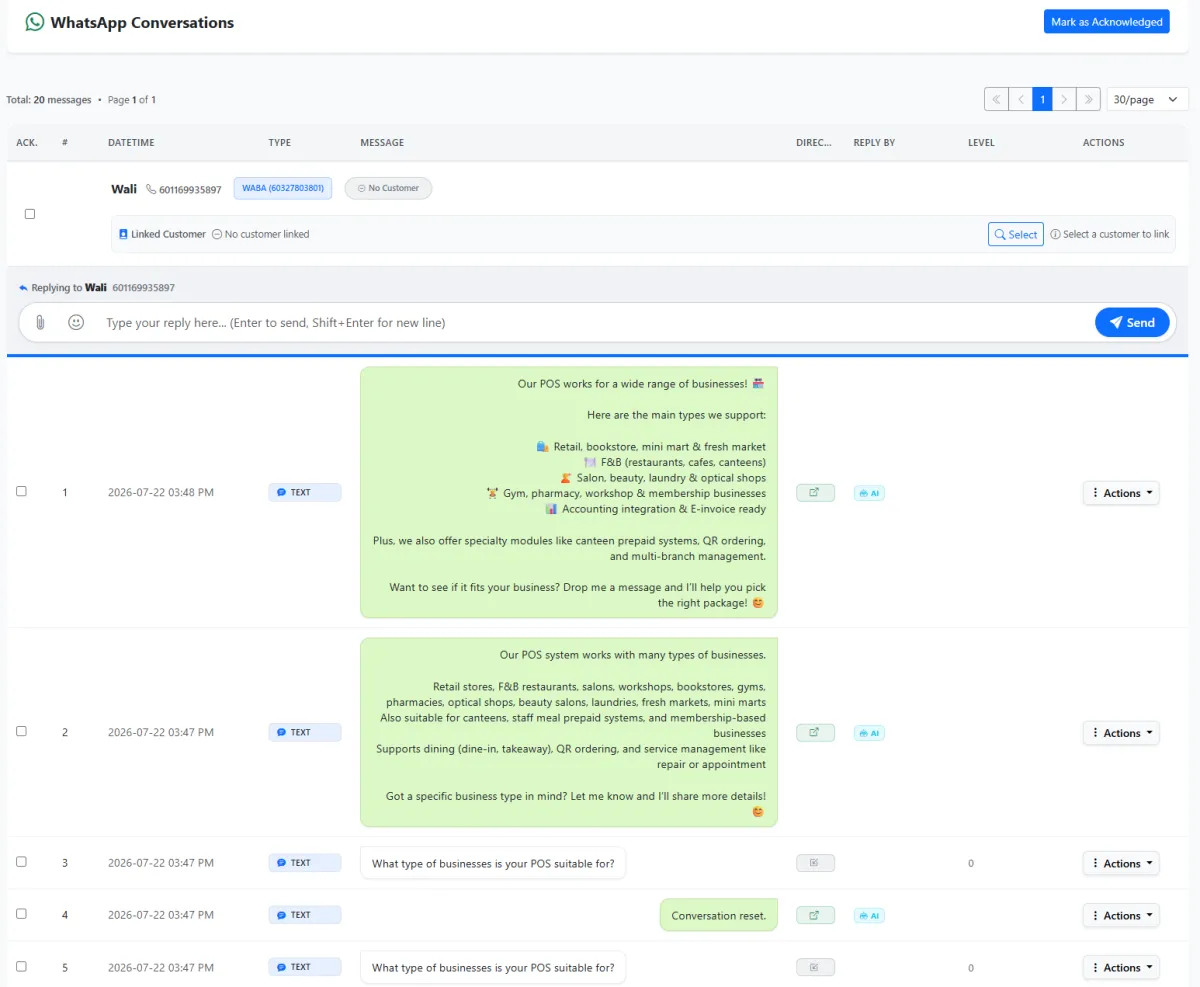 iCRM WhatsApp conversation history and agent reply workspace