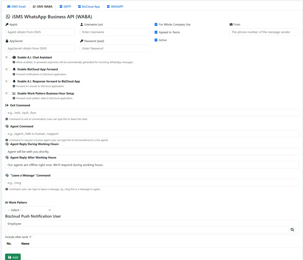 iCRM WhatsApp Business API and AI assistant settings