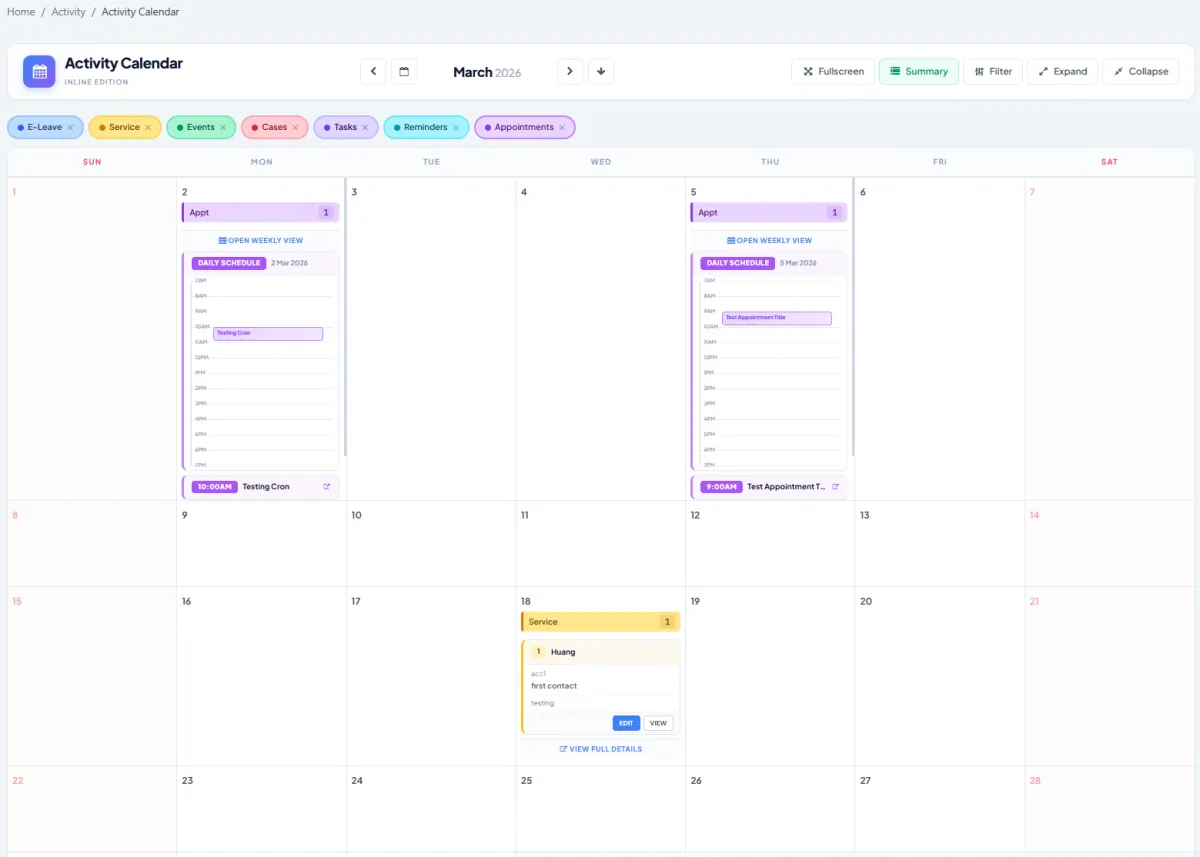Appointments interface in iCRM