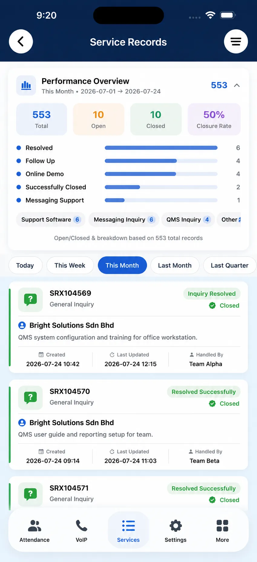 BizCloud mobile app service record analytics
