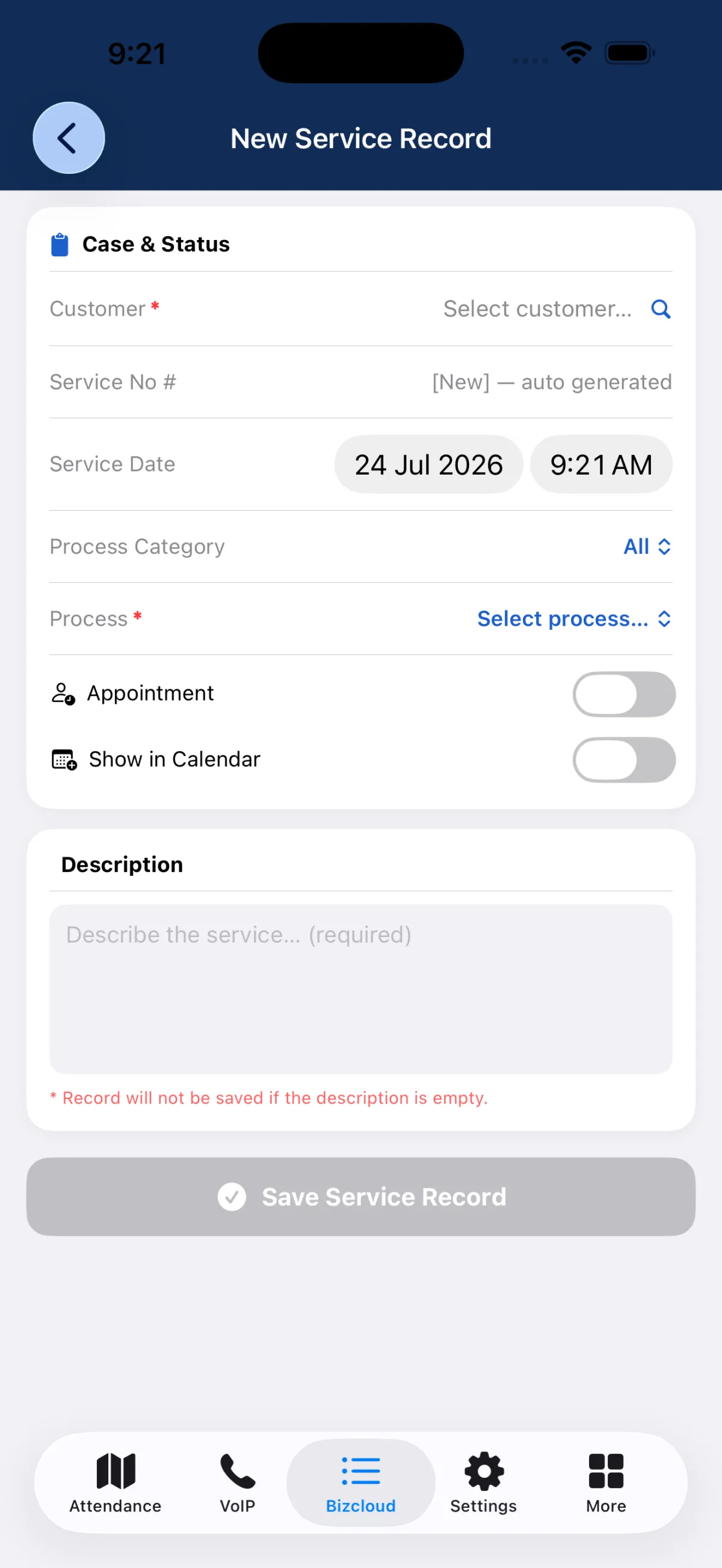 BizCloud mobile app creating an iCRM service record