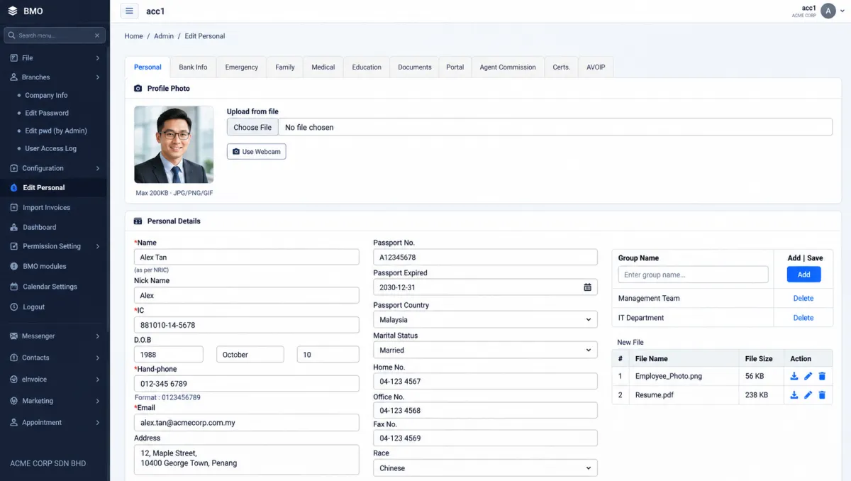 Comprehensive iCRM employee information