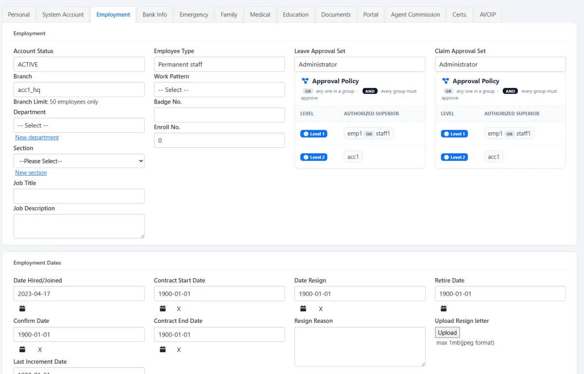 iCRM employee employment information, approval sets and lifecycle dates